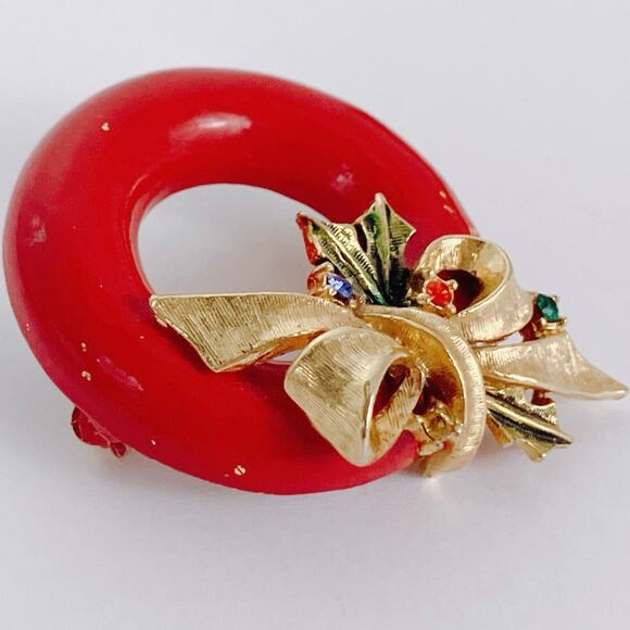 VTG Signed ART 60s Brooch Christmas Wreath Enamel Rhinestone Pin Nostalgic Retro - Picture 6 of 11